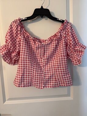 SHEIN Pink Gingham Off-Shoulder Button-Front Top